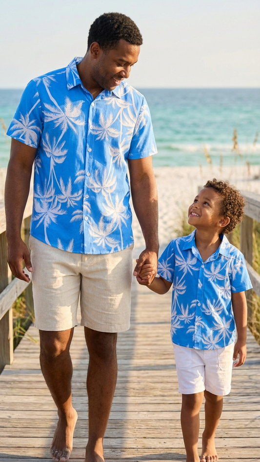 Product image of family matching t-shirts with blue tropical print - matching swimsuit for family
