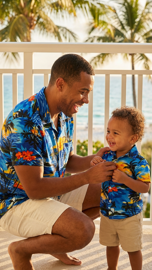 Product image of family matching t-shirts with blue tropical print - matching swimsuit for family
