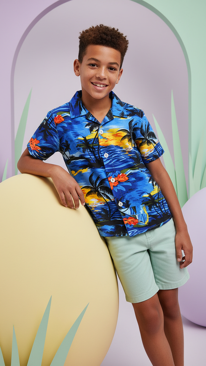 Detail image of family matching t-shirts with blue tropical print