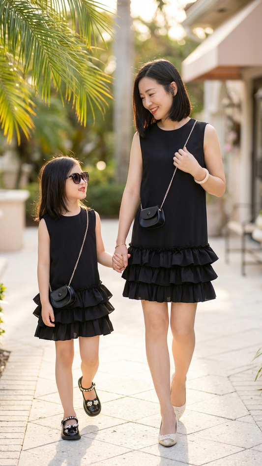 Elegante vestido negro con volantes - Elegante vestido sin mangas en capas... | DLM
