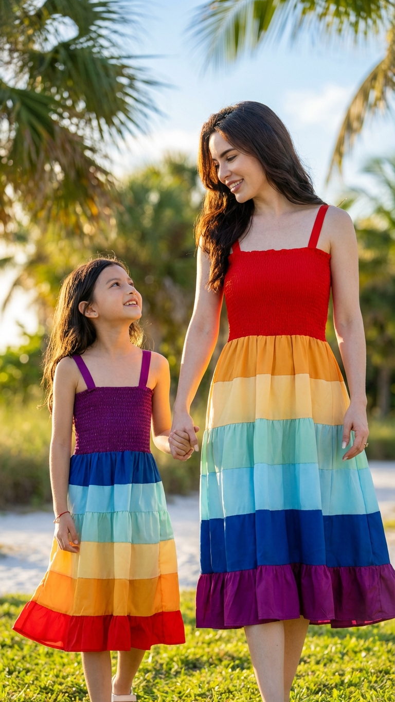 Product image of mommy and me matching sets with rainbow stripe
