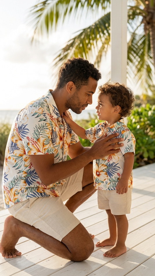 Product image of family matching t-shirts with white floral print - matching swimsuit for family