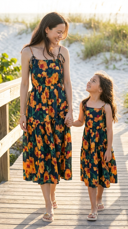 Matching Tropical Floral Beach Outfits Navy and Ora... | DLM