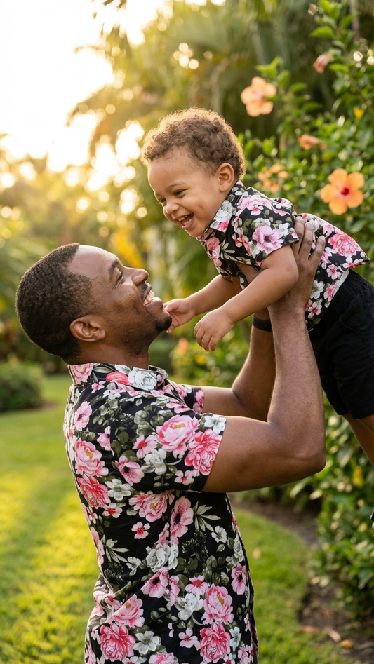 Product image of family matching t-shirts with black floral print - matching swimsuit for family
