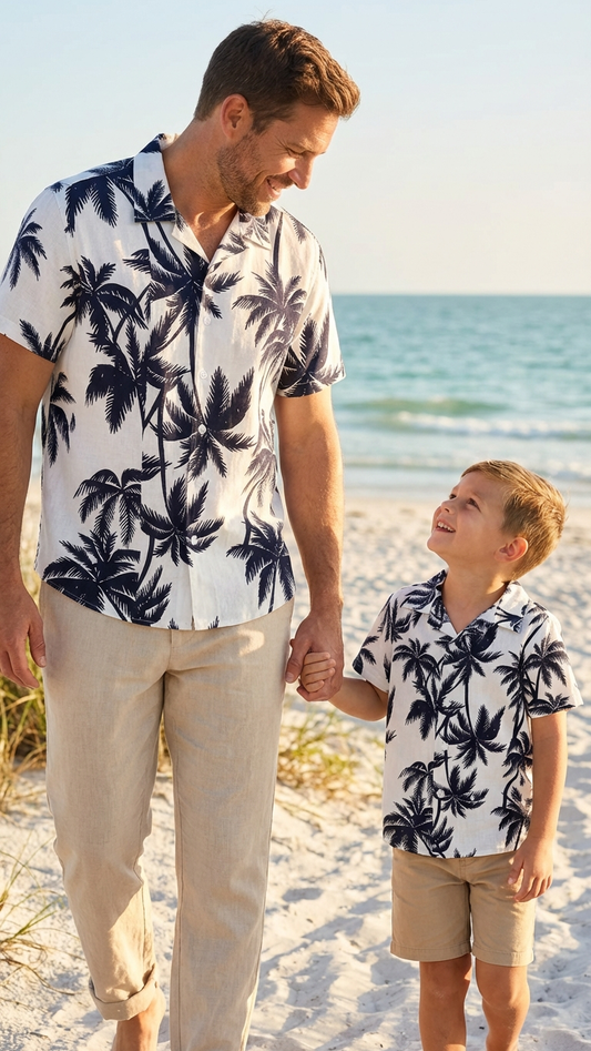 Product image of family matching t-shirts with tropical print - matching swimsuit for family