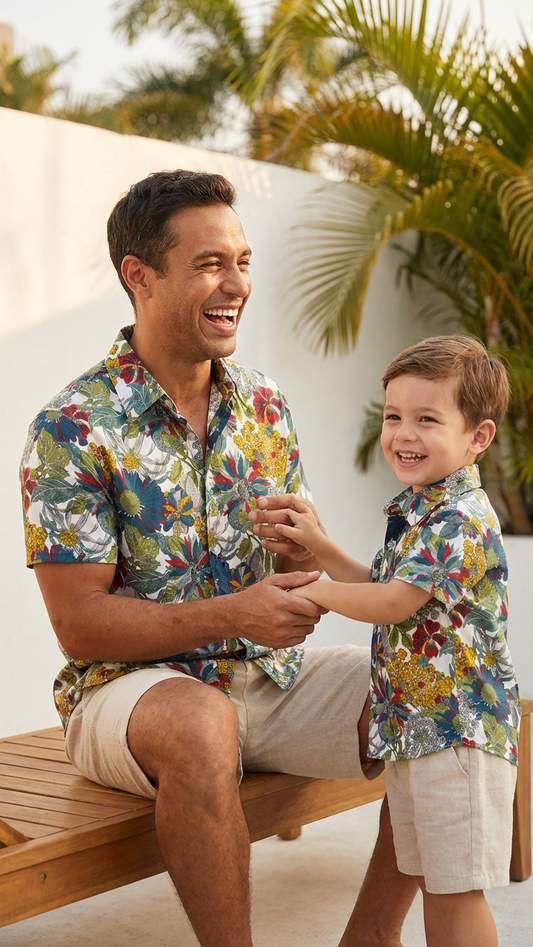 Product image of family matching button-down shirts with floral print - matching swimsuit for family