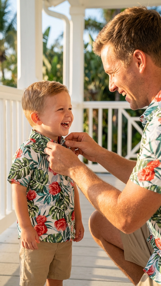 Product image of family matching t-shirts with tropical print - matching swimsuit for family