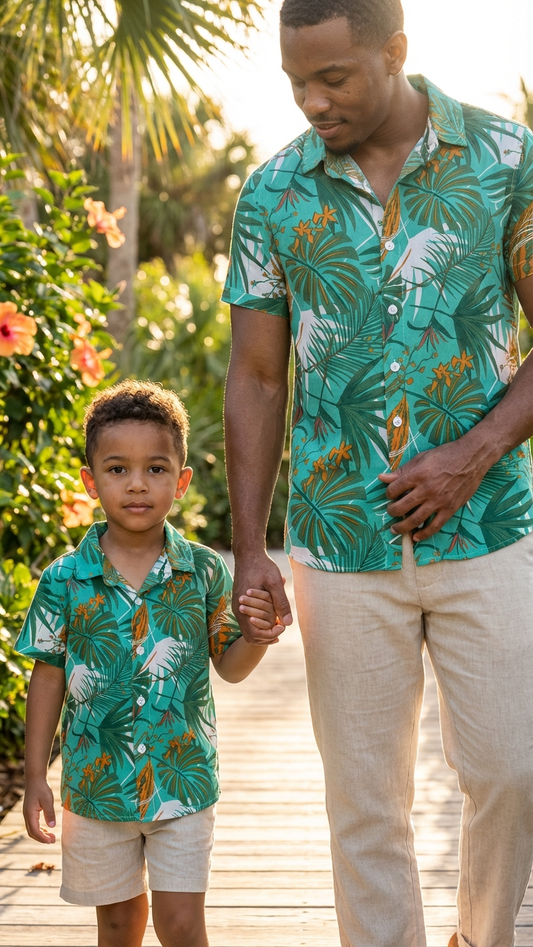Product image of family matching t-shirts with tropical print - matching swimsuit for family