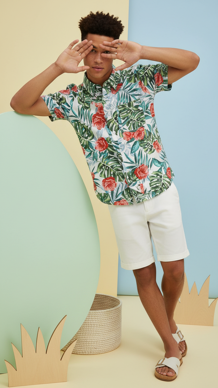 Detail image of family matching t-shirts with tropical print