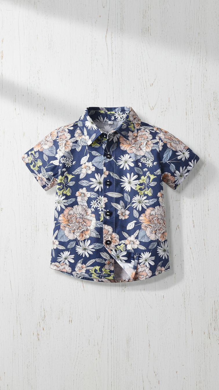 Alternate image of family matching button-down shirts with navy floral print
