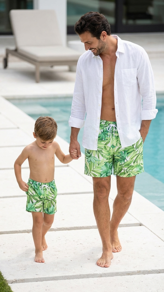 Product image of family matching swim trunks with green christmas print
