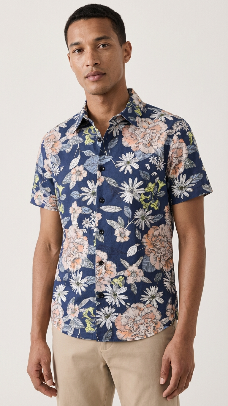 Additional image of family matching button-down shirts with navy floral print