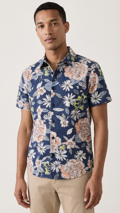 Additional image of family matching button-down shirts with navy floral print