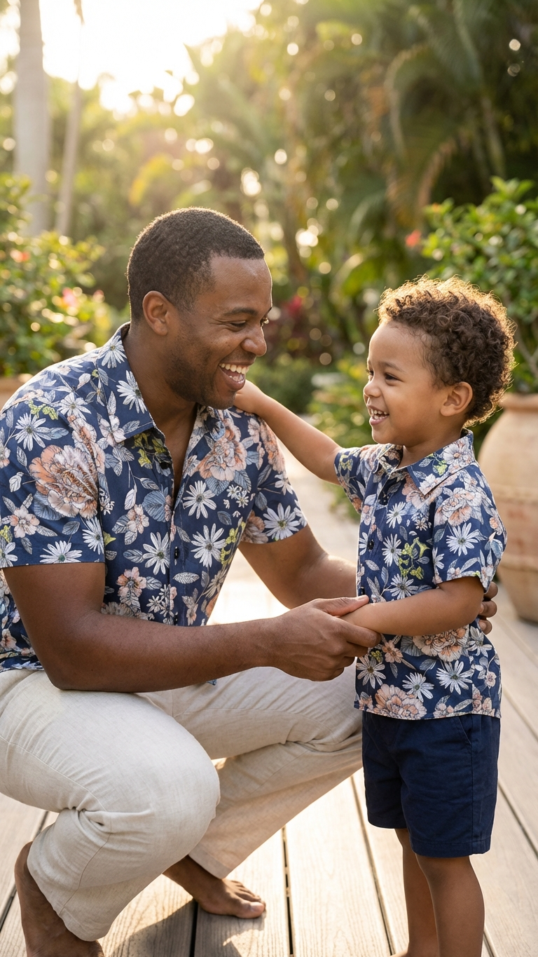Product image of family matching button-down shirts with navy floral print