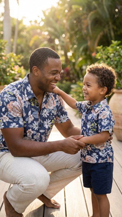 Product image of family matching button-down shirts with navy floral print