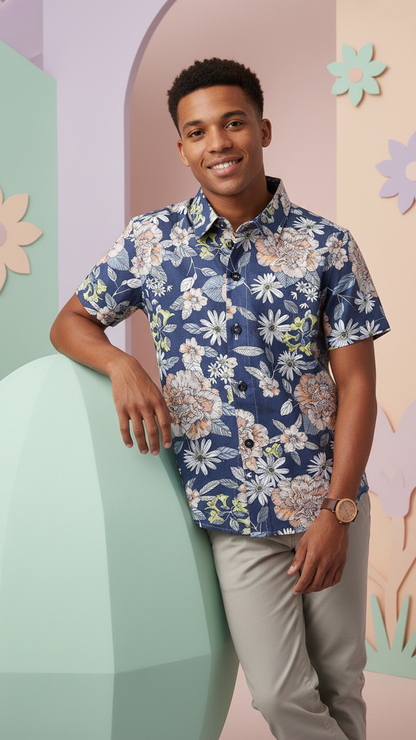 Detail image of family matching button-down shirts with navy floral print
