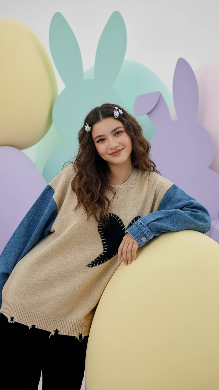 Detail image of family matching sweaters with heart patch