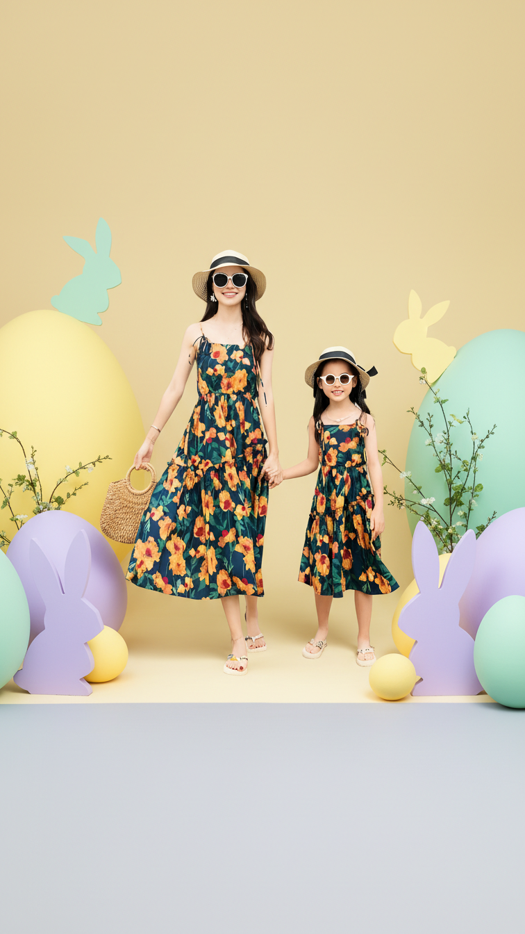 Matching Tropical Floral Beach Outfits Navy and Ora... | DLM