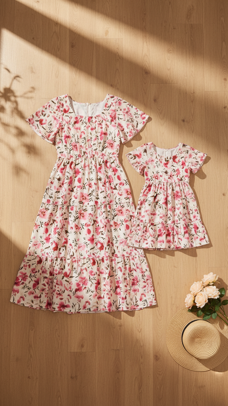 Vestidos midi fruncidos con estampado floral a juego para mamá y yo - Talla S... | DLM