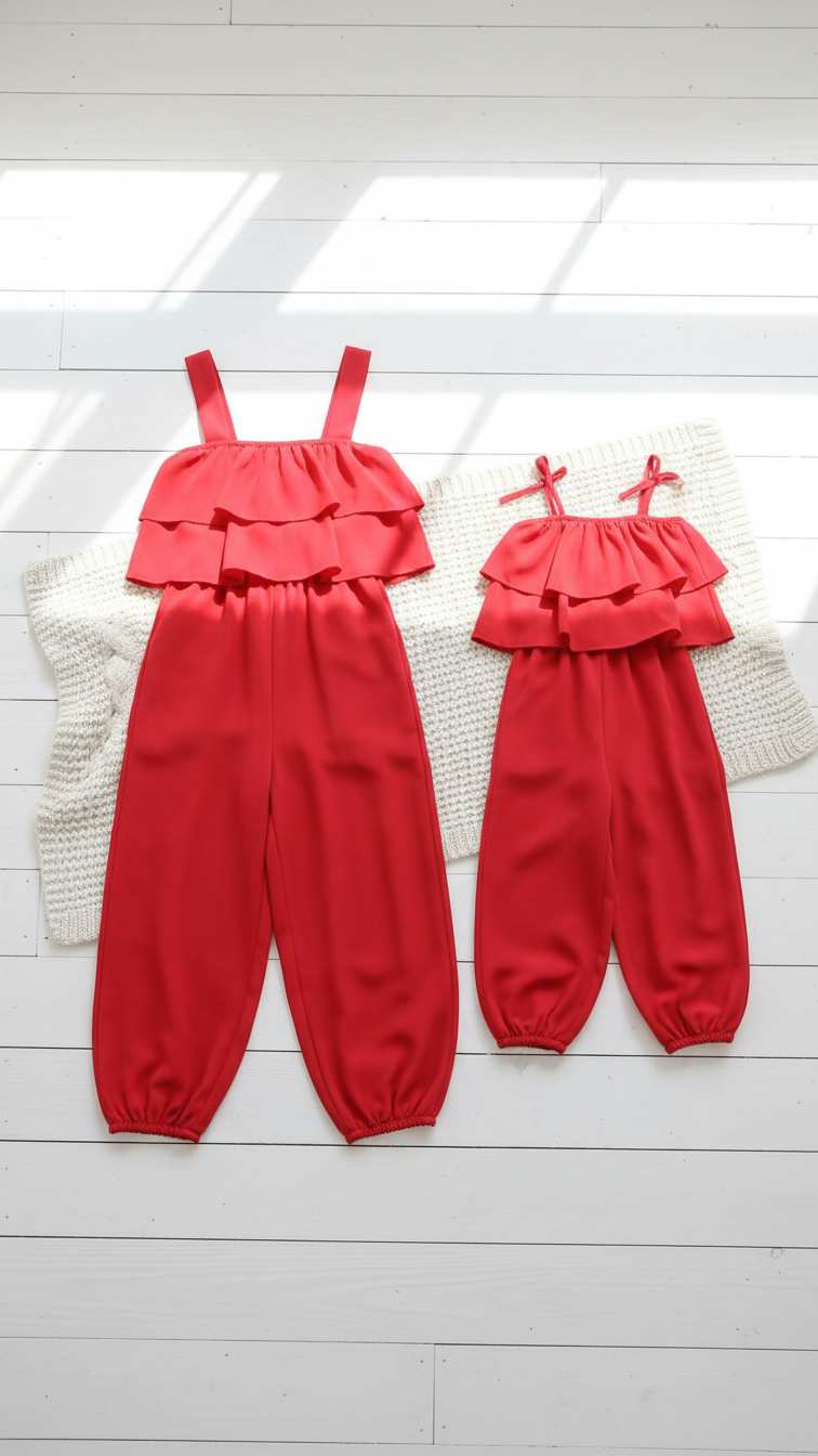 Monos rojos con volantes a juego para mamá y yo - ¡Elegante! | DLM