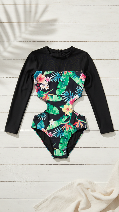 Maillot de bain une pièce à imprimé feuilles assorti à taille ouverte, assorti à votre tenue maman et moi.