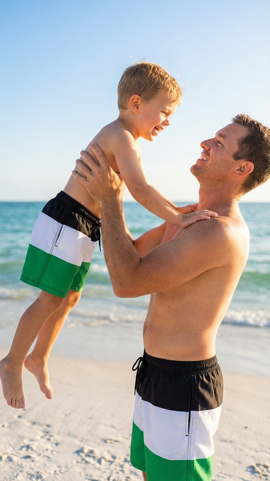 Product image of family matching swim trunks with green striped