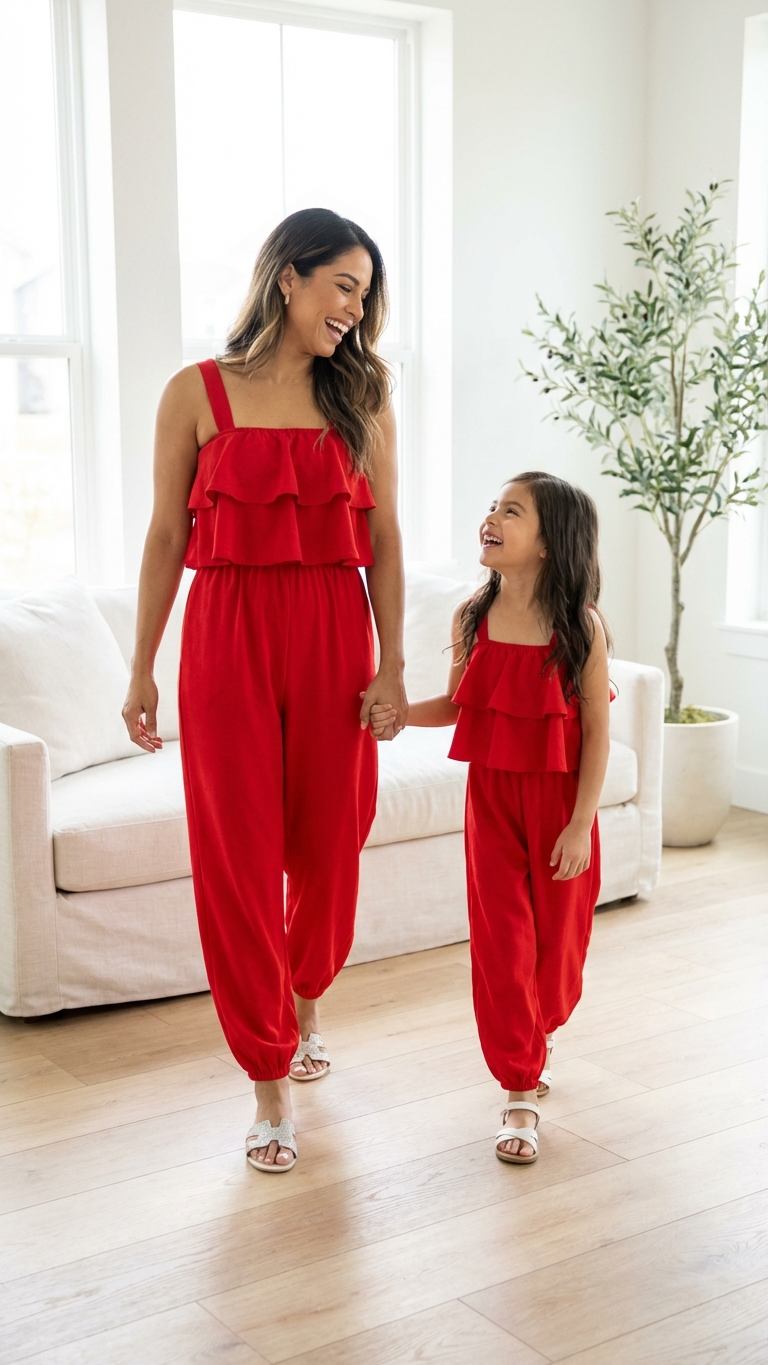 Monos rojos con volantes a juego para mamá y yo - ¡Elegante! | DLM