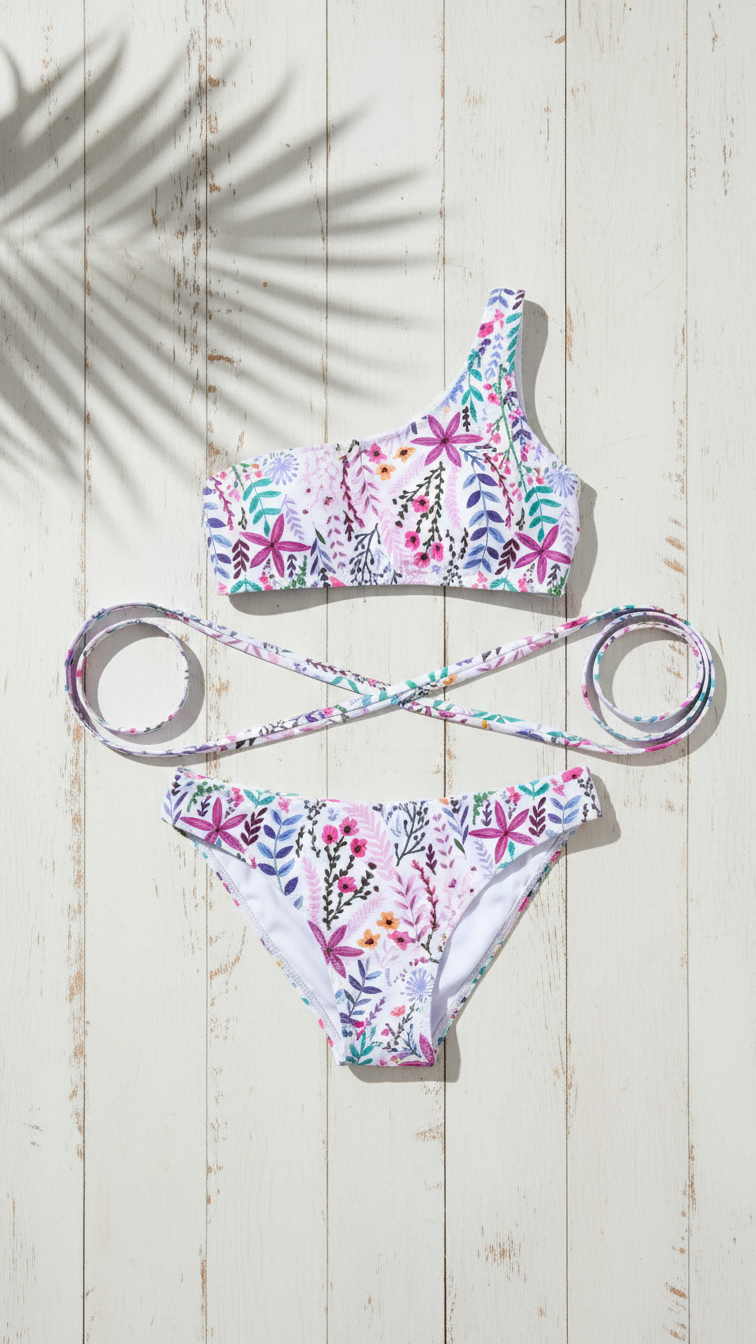 Elegante traje de baño tropical de un solo hombro con volantes para... | DLM