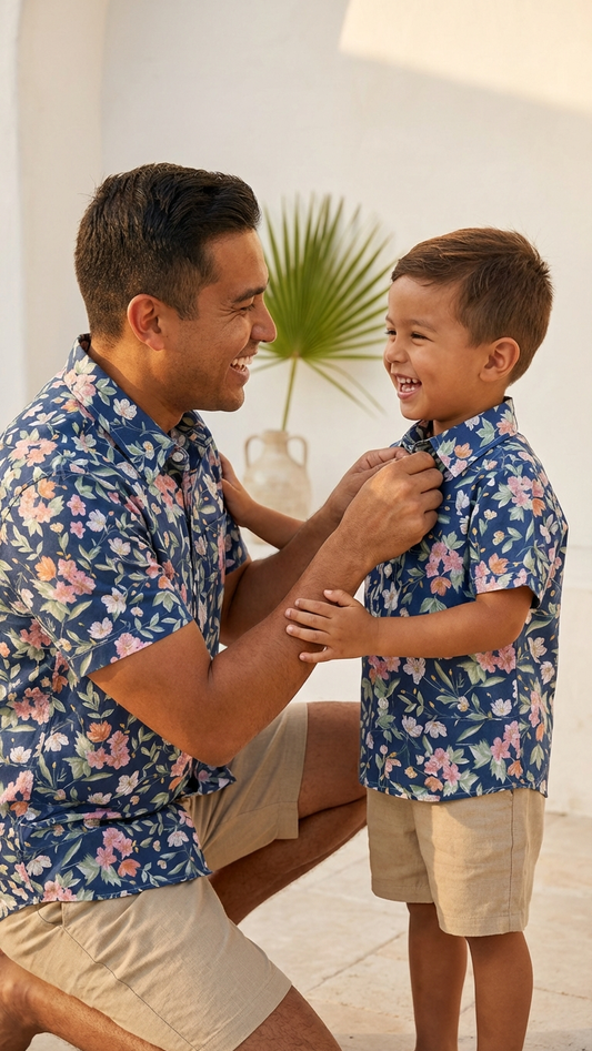 Product image of family matching t-shirts with navy floral print - matching swimsuit for family