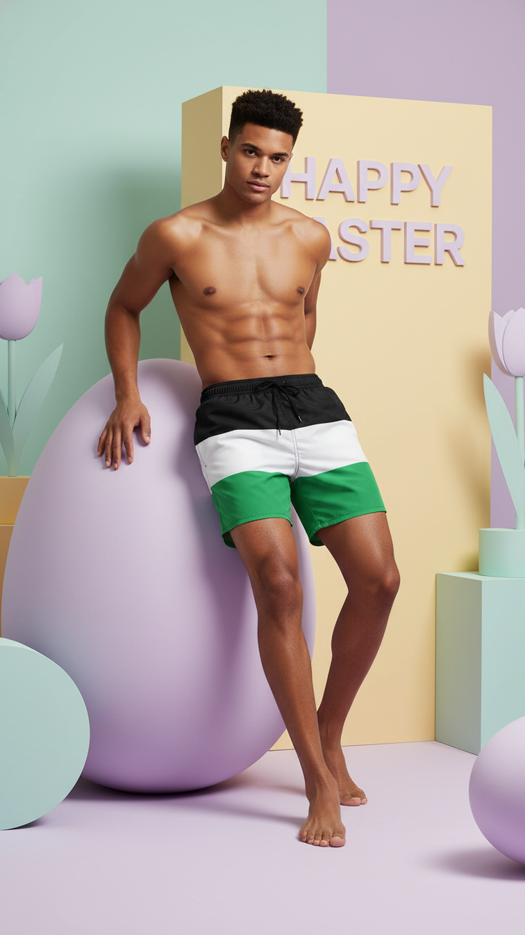 Additional image of family matching swim trunks with green striped