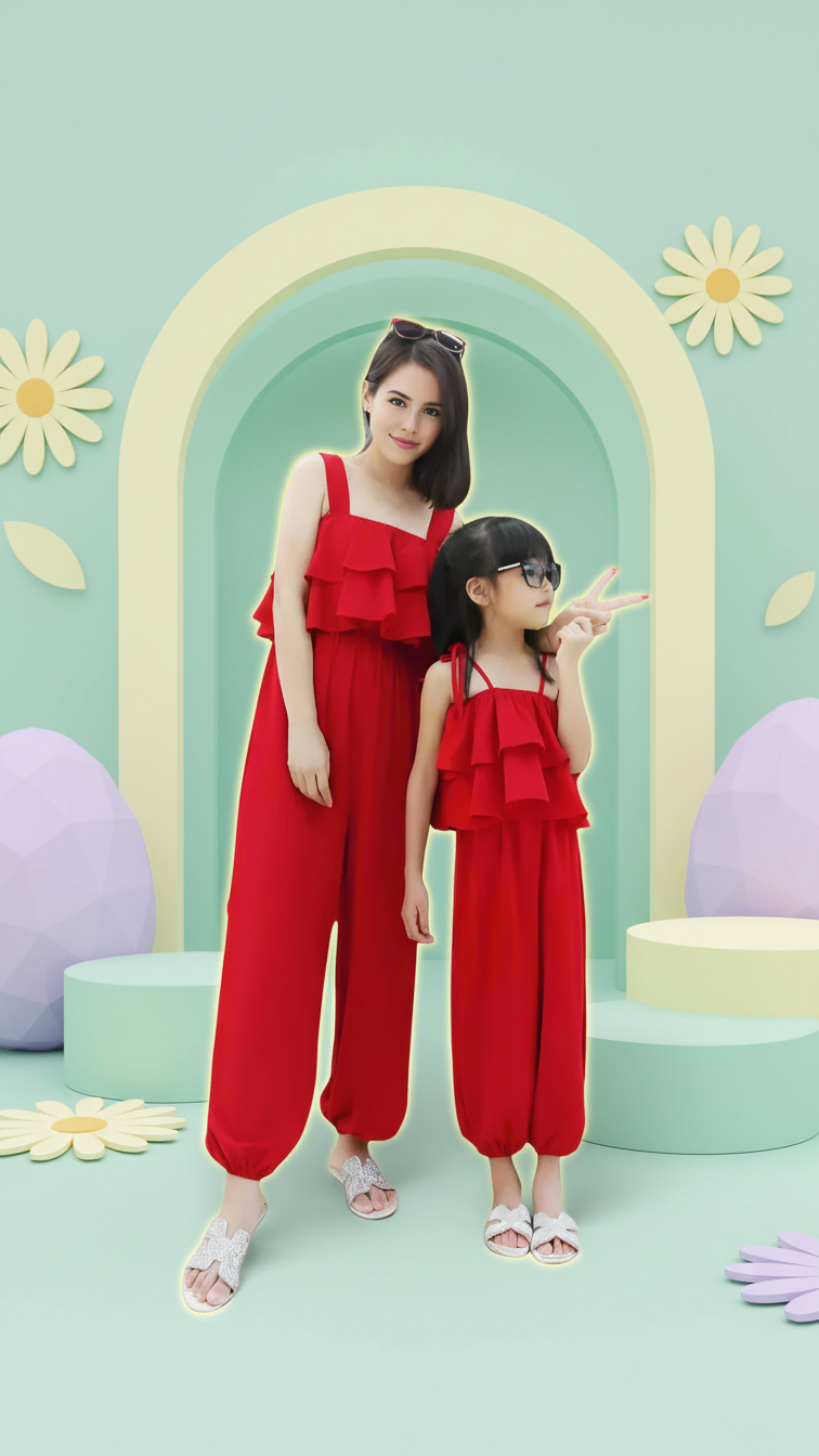 Monos rojos con volantes a juego para mamá y yo - ¡Elegante! | DLM