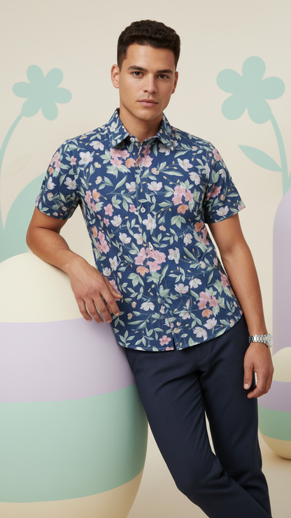 Additional image of family matching t-shirts with navy floral print