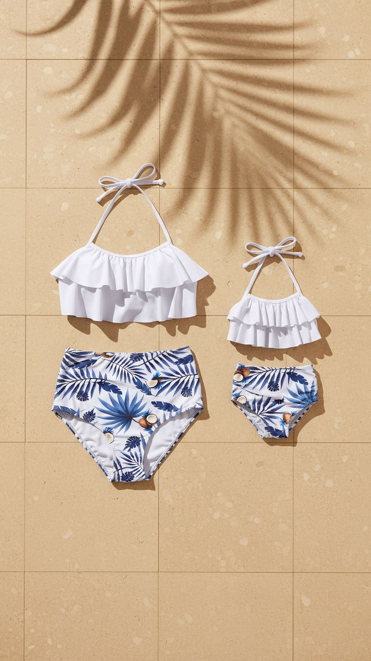 Matching Mother-Daughter Tropical Leaf Ruffle Bikin... | DLM