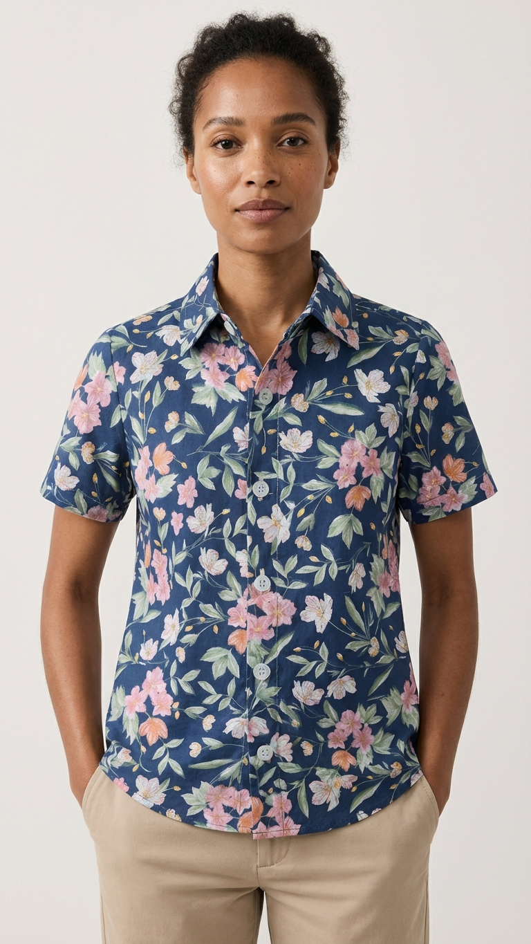 Detail image of family matching t-shirts with navy floral print