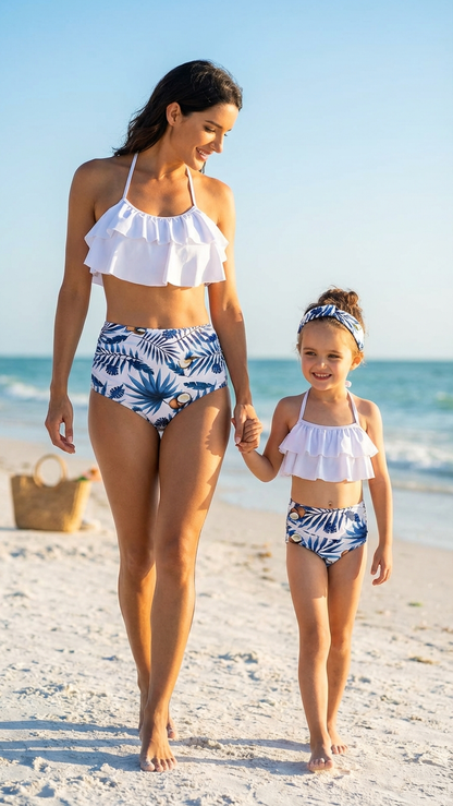 Matching Mother-Daughter Tropical Leaf Ruffle Bikin... | DLM