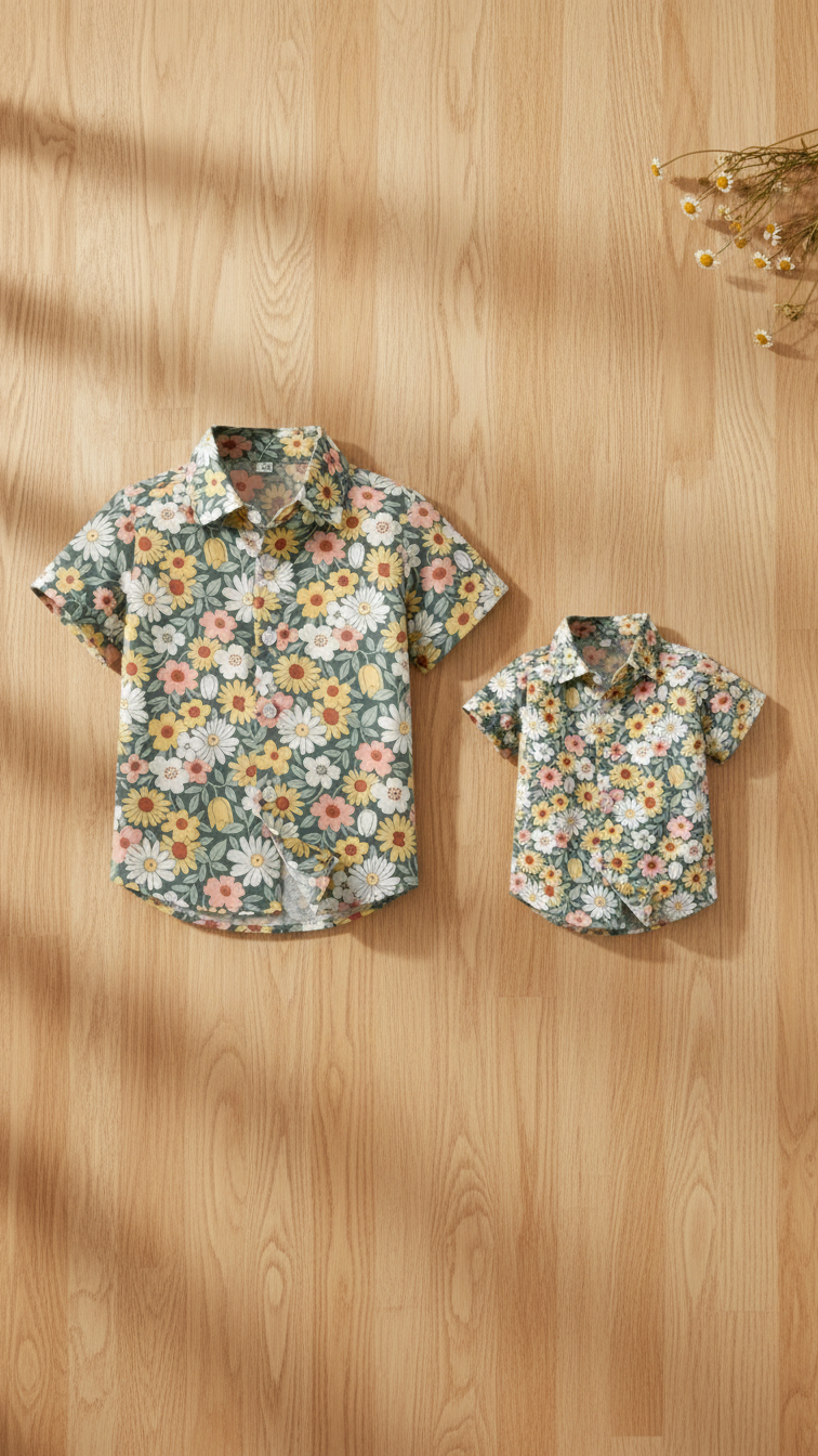 Alternate image of family matching button-down shirts with green floral print