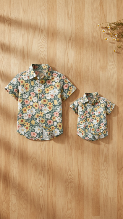 Alternate image of family matching button-down shirts with green floral print