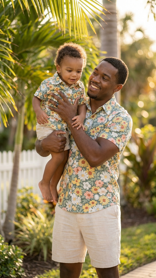 Product image of family matching button-down shirts with green floral print - matching swimsuit for family