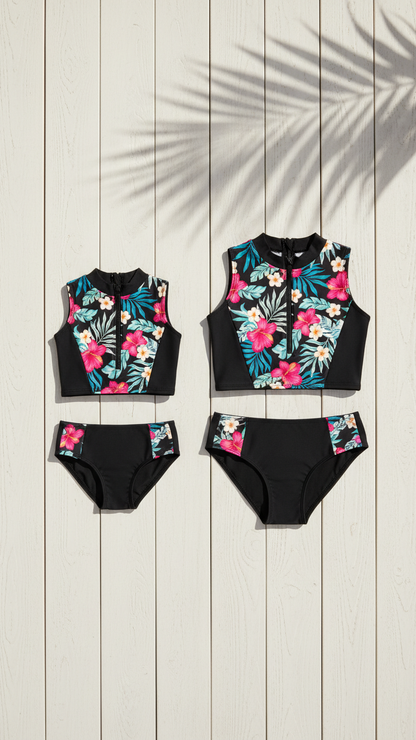 Bañador elegante con cuello alto y estampado floral tropical para mujer | DLM