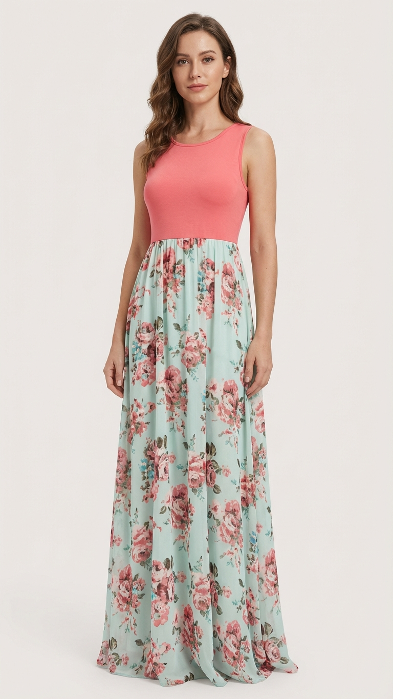 Vestido largo sin mangas con estampado floral y coral a juego... | DLM