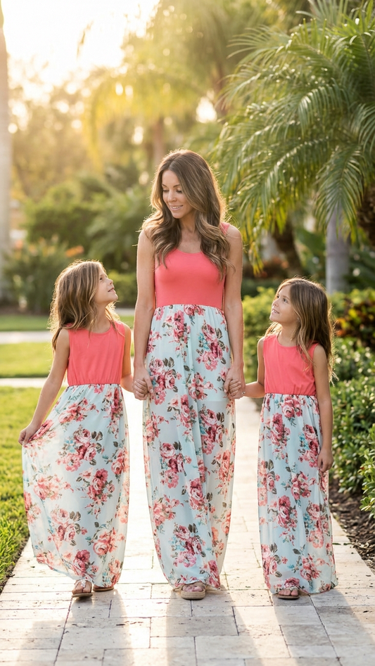 Matching Coral and Floral Print Sleeveless Maxi Dre... | DLM