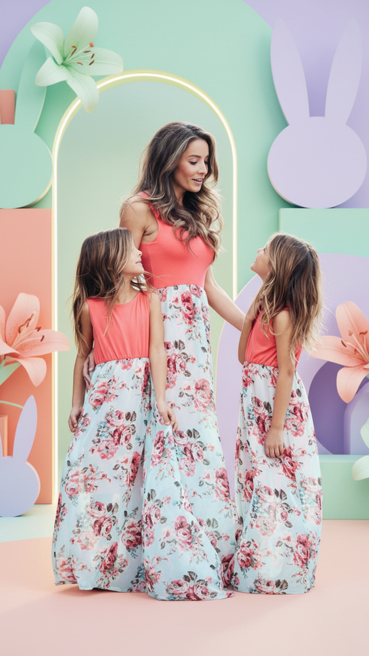 Vestido largo sin mangas con estampado floral y coral a juego... | DLM