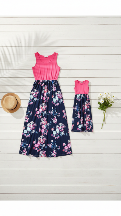 Vestidos largos florales a juego en rosa y azul marino para mamá y yo
