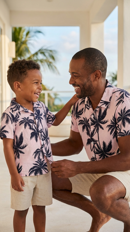 Product image of family matching t-shirts with tropical print - matching swimsuit for family