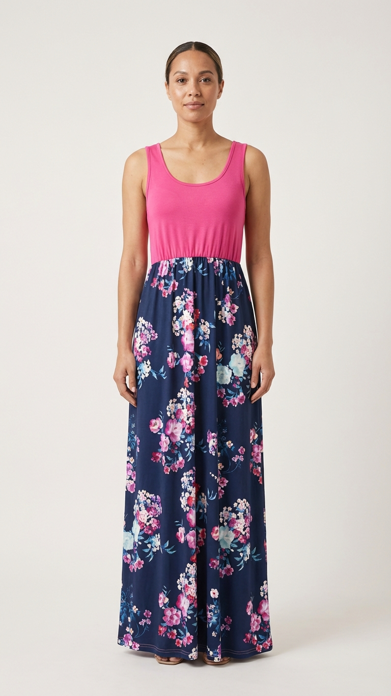 Vestidos largos florales a juego en rosa y azul marino para mamá y yo