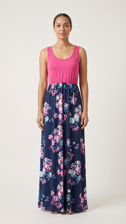 Vestidos largos florales a juego en rosa y azul marino para mamá y yo