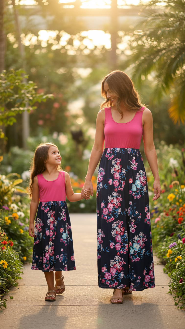 Vestidos largos florales a juego en rosa y azul marino para mamá y yo