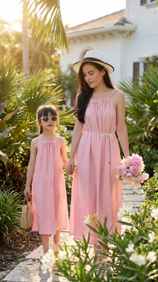 Matching Pink Sleeveless Summer Dress Elegant Sundr... | DLM