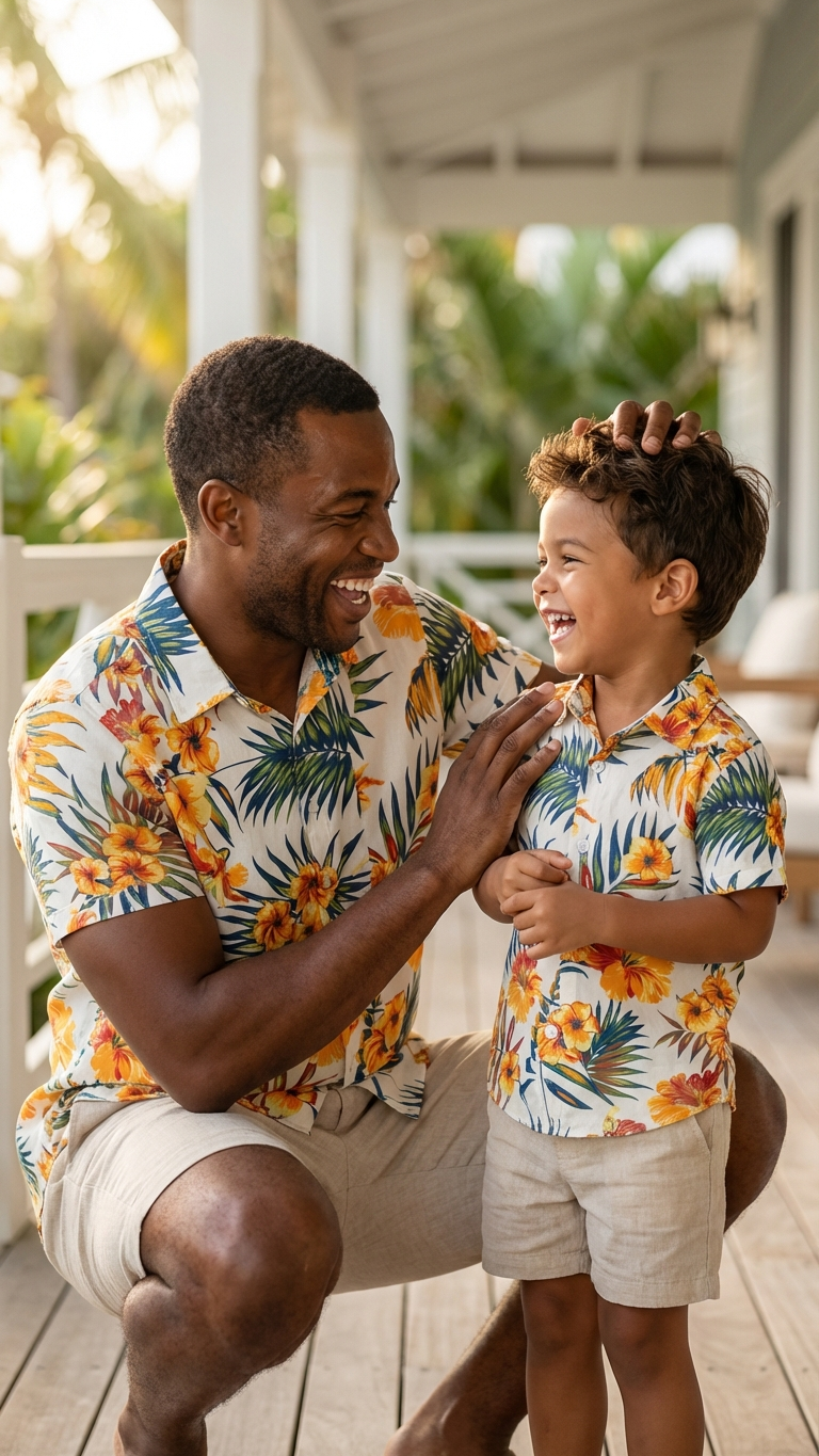 Product image of family matching t-shirts with tropical print