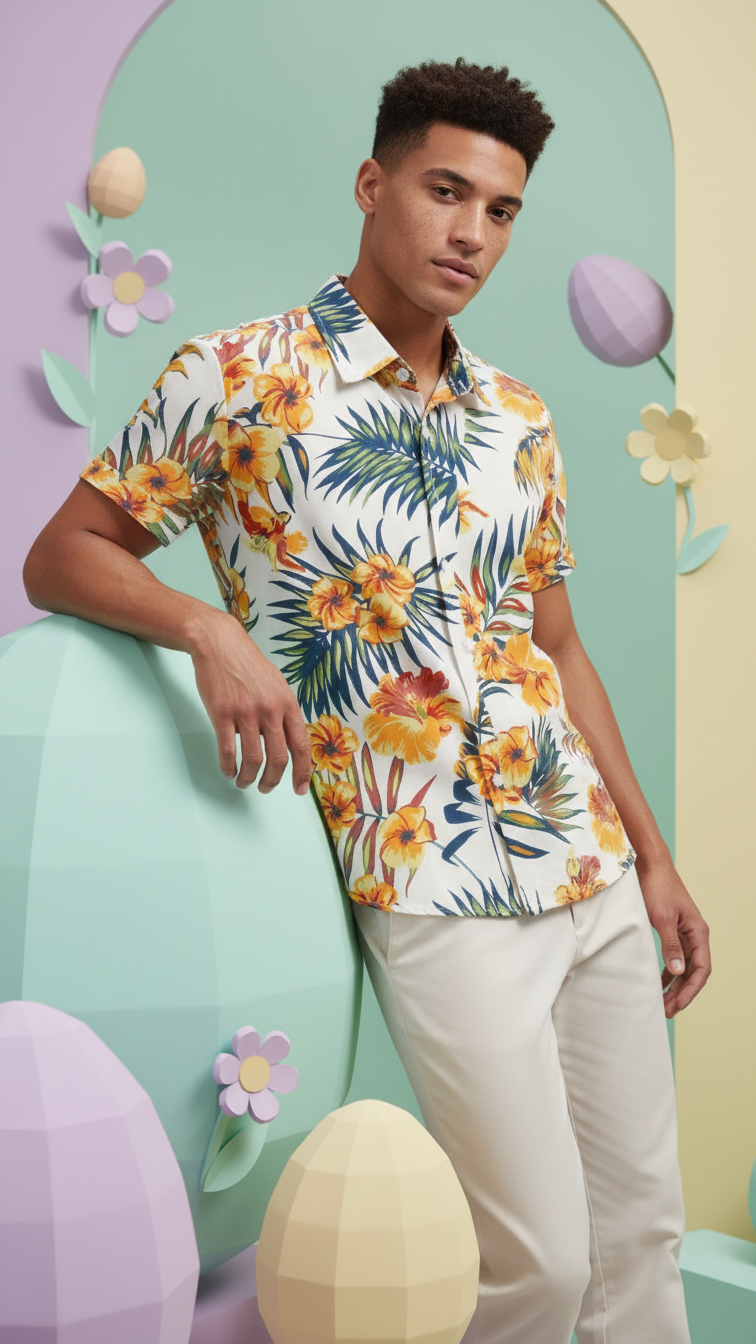 Detail image of family matching t-shirts with tropical print